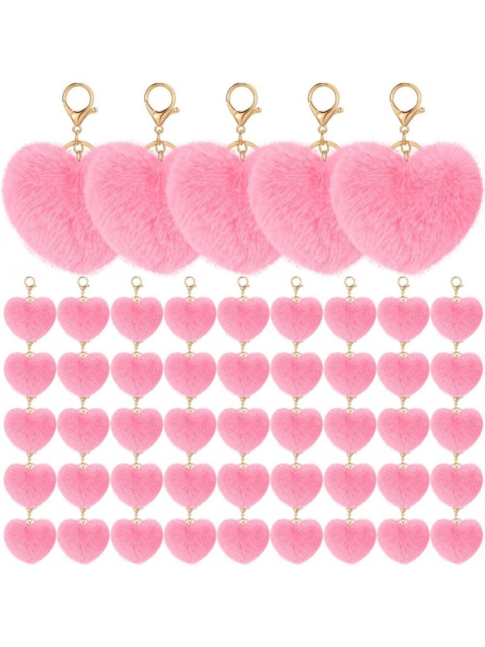 50 Pcs Valentine's Day Heart Pom Poms Keychain | Fluffy Heart Puff Ball
